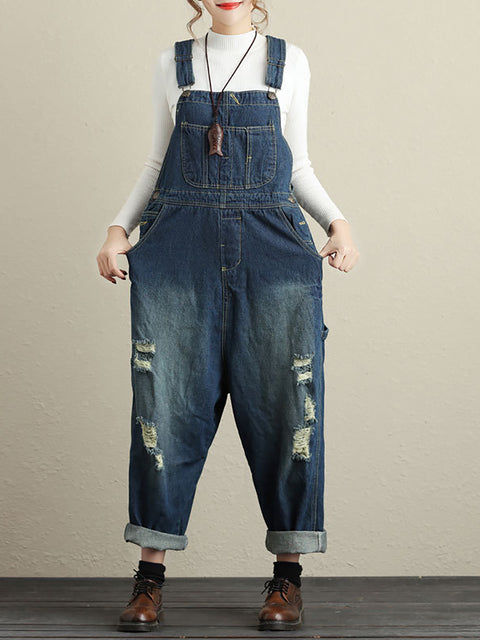 Women Summer Retro Frayed Pocket High-Waist Denim Jumpsuits