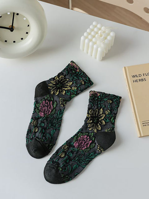 5 par Kvinder Vintage Flower Jacquard Mid-calf Sokker