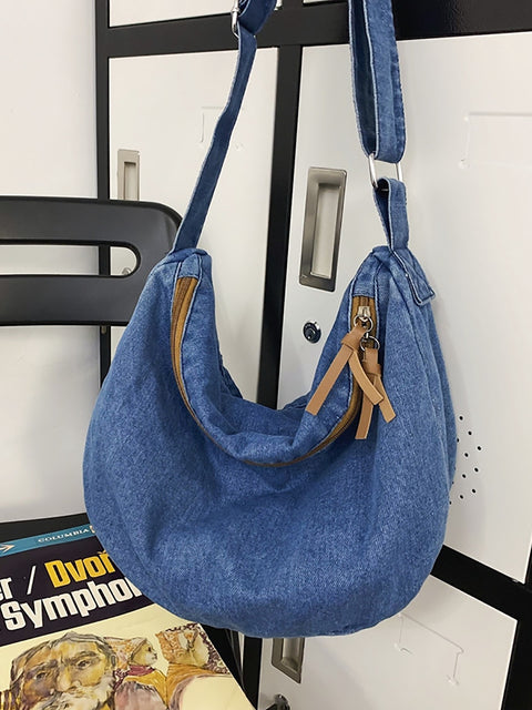 Casual Solid Denim Crossbody-taske med stor kapacitet