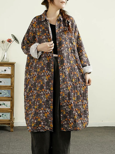 Kvinder Vintage Autumn Flower Button-up bomuldsfrakke