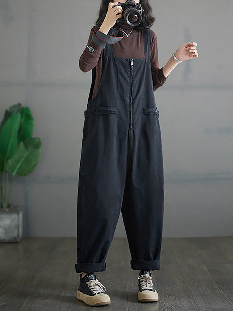 Kvinder efterår Vintage lynlås Casual Løse Solid Jumpsuits