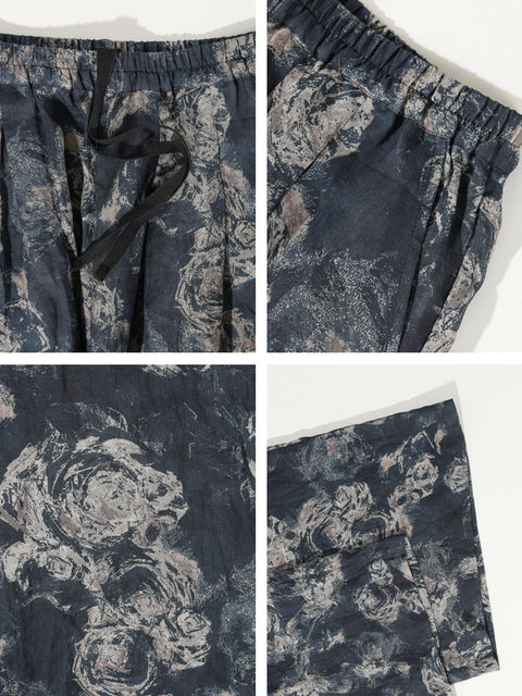 Plus Size Kvinder Retro Summer Flower Pocket Ramiebukser med lige ben