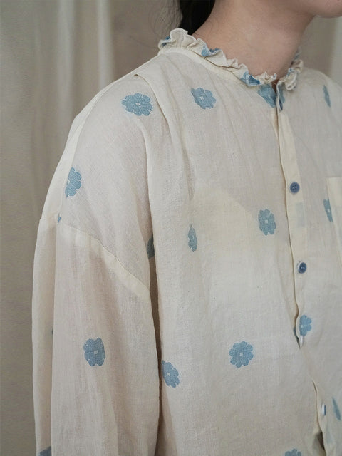 Women Artsy Spring Flower Cotton Lacework Neck Shirt