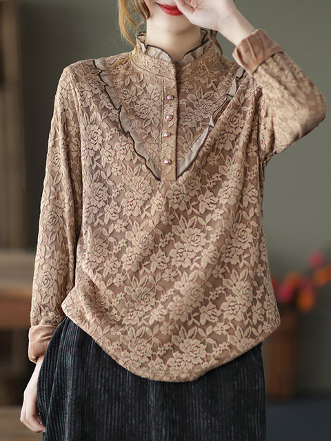 Plus Size Damer Elegant Flower Lace Fleece Foret skjorte