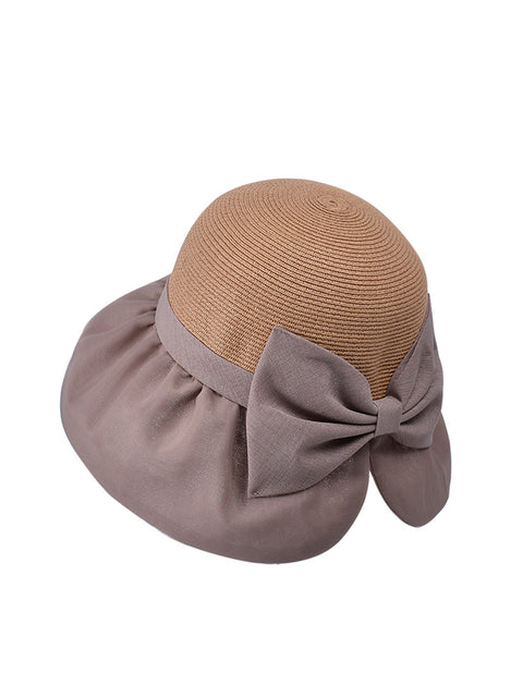 Kvinder Summer Colorblock Straw Bowknot Sunproof Hat