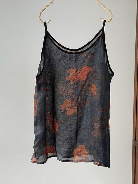 Plus Size Kvinder Sommer Vintage Flower Ramie Tynd Vest