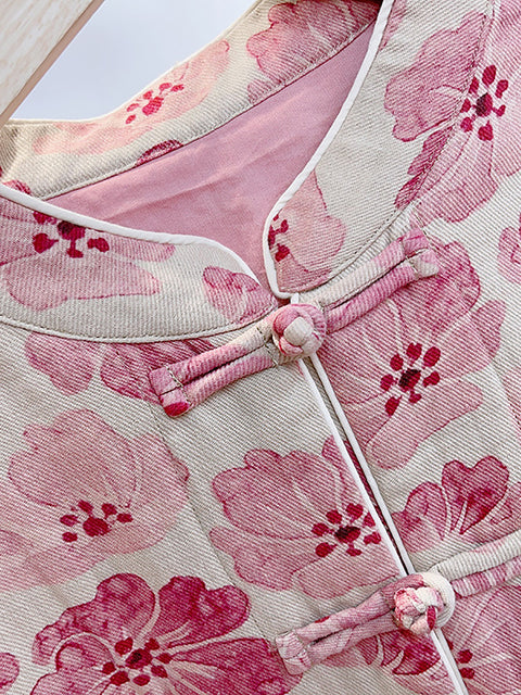 Kvinder Retro Flower Print Pink Polstret frakke