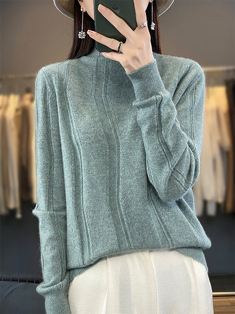 Women Autumn Half-Turtleneck Knit 100%Wool Sweater