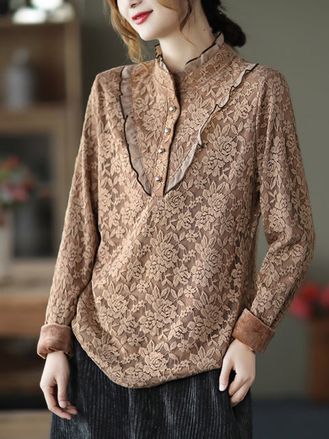 Plus Size Damer Elegant Flower Lace Fleece Foret skjorte