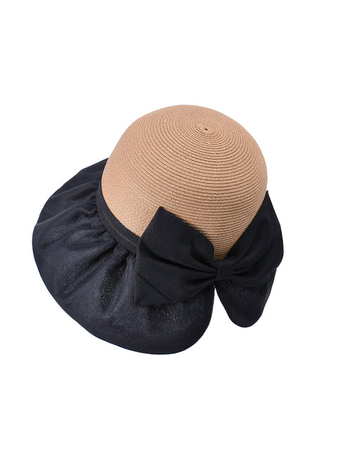 Kvinder Summer Colorblock Straw Bowknot Sunproof Hat