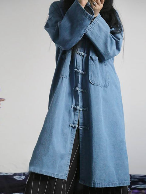 Kvinder Efterår Casual Solid Pocket Denim Shirt Coat