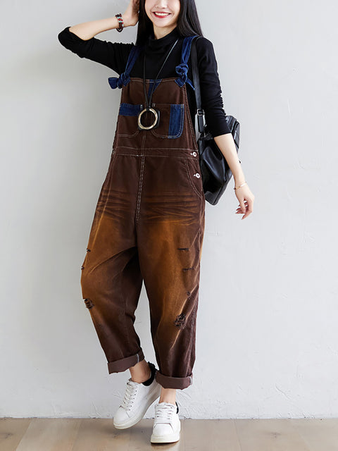 Kvinder Retro Colorblock Autumn Denim Jumpsuits