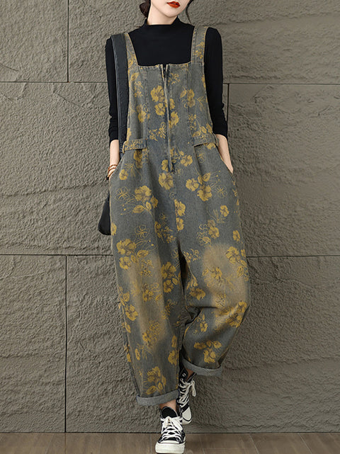 Kvinder Sommer Artsy Flower Print Pocket Loose Denim Jumpsuits