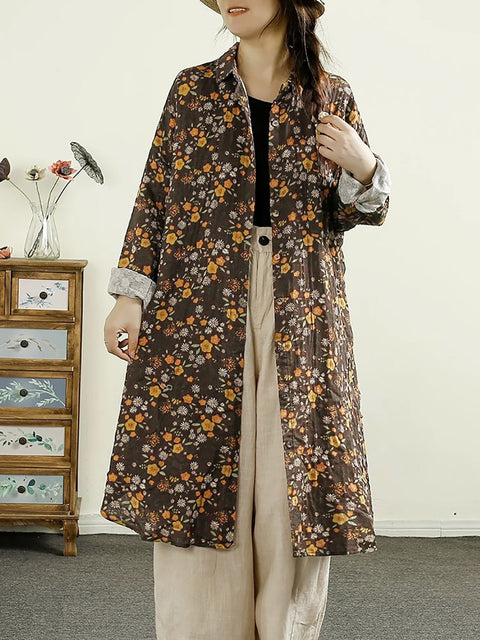 Kvinder Vintage Autumn Flower Button-up bomuldsfrakke