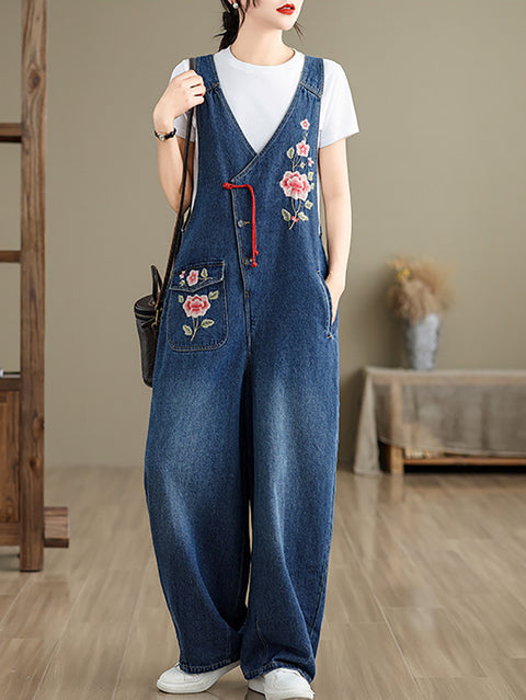 Kvinder Forår Vintage Flower Brodery Denim Jumpsuits