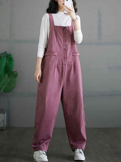 Kvinder efterår Vintage lynlås Casual Løse Solid Jumpsuits