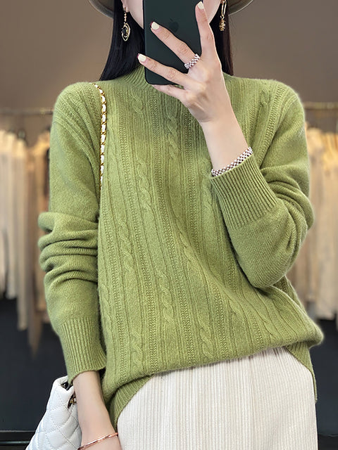 Women Autumn Solid Cable Knit 100%Wool Half Turtleneck Sweater