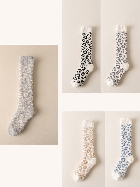 5 Pairs Women Winter Leopard Print Fleece Socks