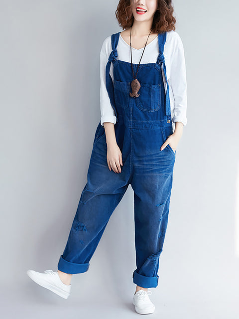 Kvinder Retro Colorblock Autumn Denim Jumpsuits