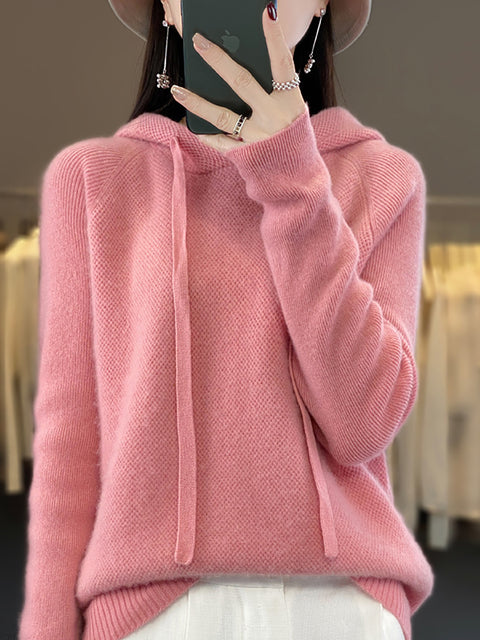 Women Winter Casual Solid Hooded Wool Sweater