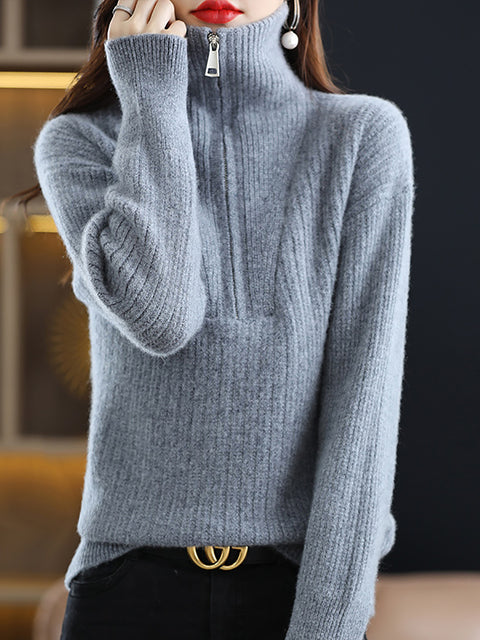 Women Autumn Zipper Knit 100%Wool Turtleneck Sweater