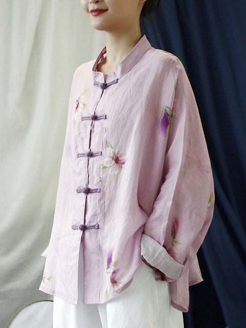 Plus Size Kvinder Vintage Flower Pink Spring Ramie Shirt Coat