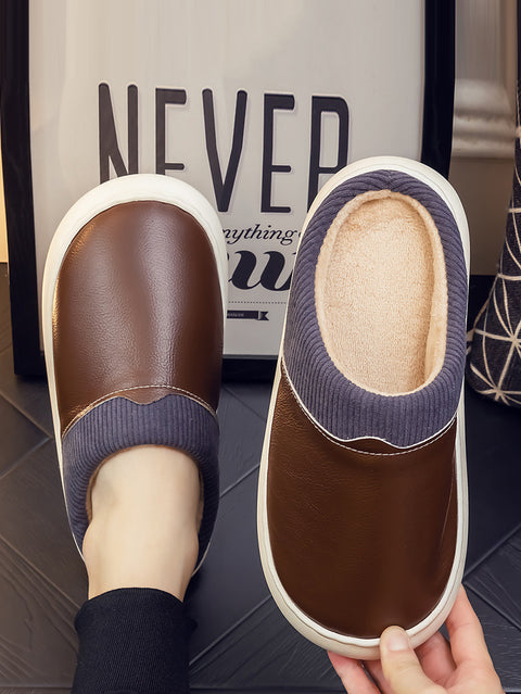 Winter Couple Leather Spliced Plush Flat Slippers