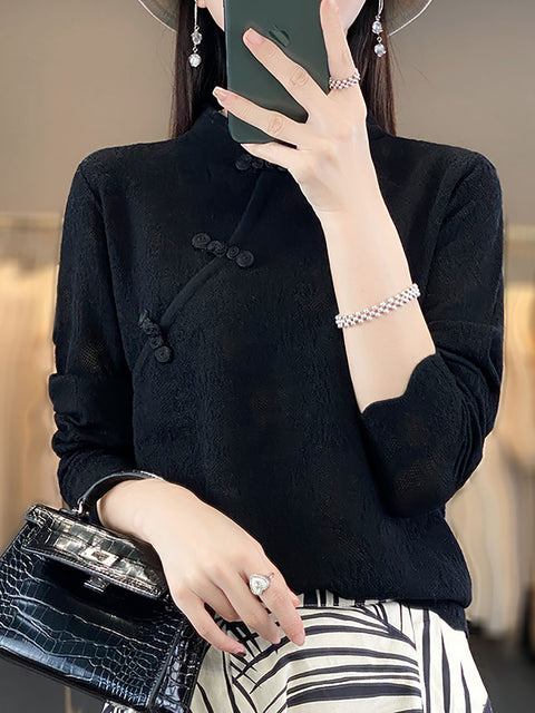 Women Autumn Wool Stand Collar Lace Knit Sweater