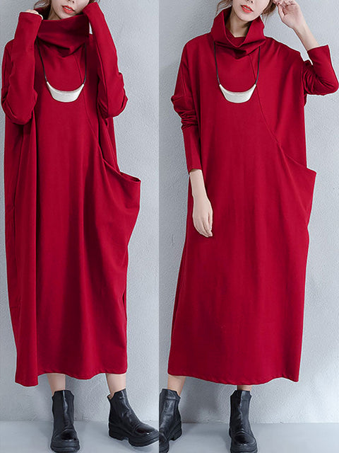 Plus Size Women Autumn Pure Color Turtleneck Loose Dress