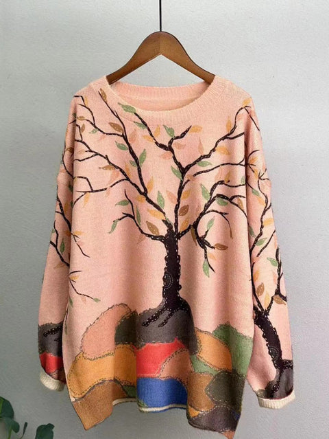 Kvinder Casual Winter Flower strikket sweater med o-hals