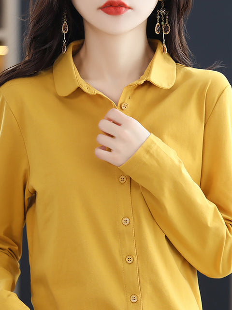 Women Spring Turn-down Collar Pure Color Cotton Shirt