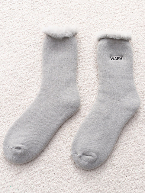 5 Pairs Women Winter Solid Cotton Fleece-lined Socks