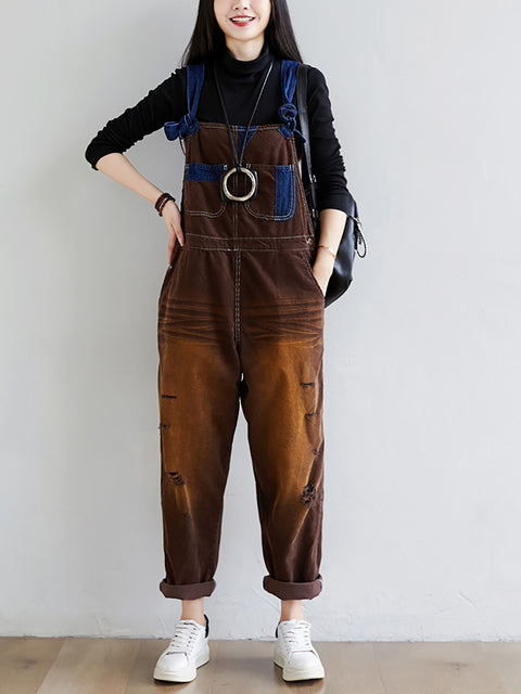 Kvinder Retro Colorblock Autumn Denim Jumpsuits