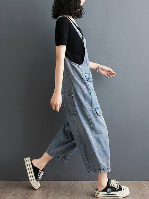 Kvinder Sommer Solid Casual Løse Denim Jumpsuits