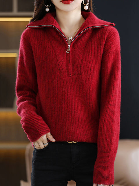 Women Autumn Zipper Knit 100%Wool Turtleneck Sweater