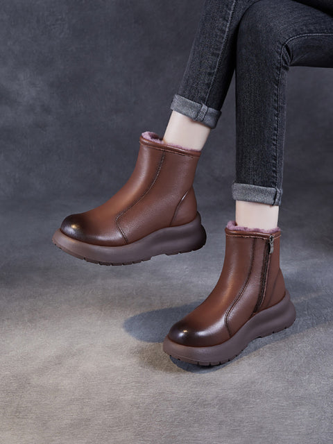 Women Vintage Genuine Leather Fleece-lined Platfrom Boots