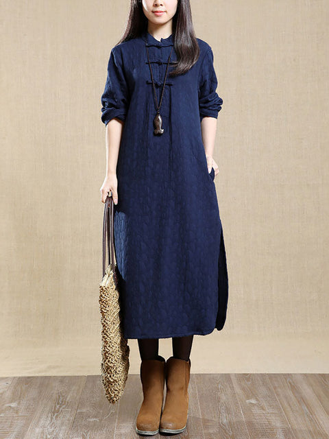 Plus Size Women Autumn Vintage Stand Collar 100%Cotton Dress