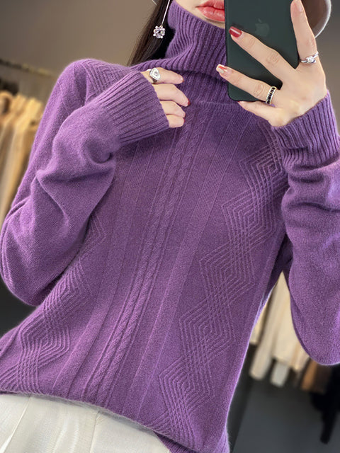 Women Autumn Turtleneck Knit 100%Wool Soft Sweater