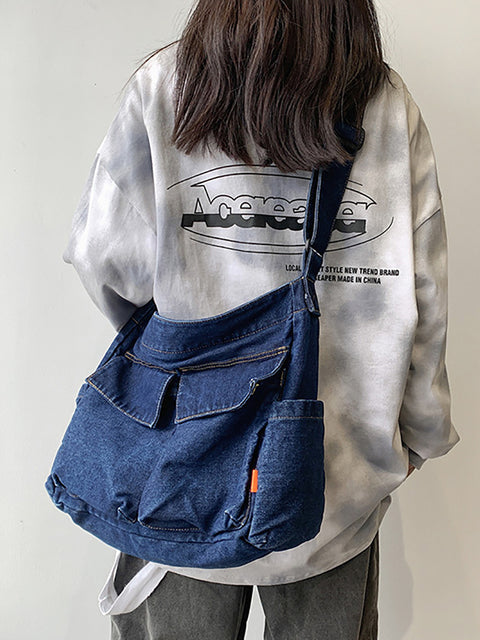 Kvinder vintage massiv denim taske med stor kapacitet