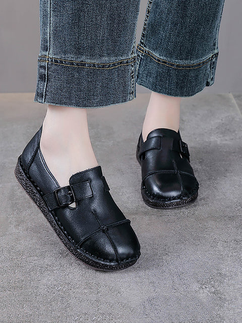 Women Vintage Solid Leather Spliced Low Heel Shoes