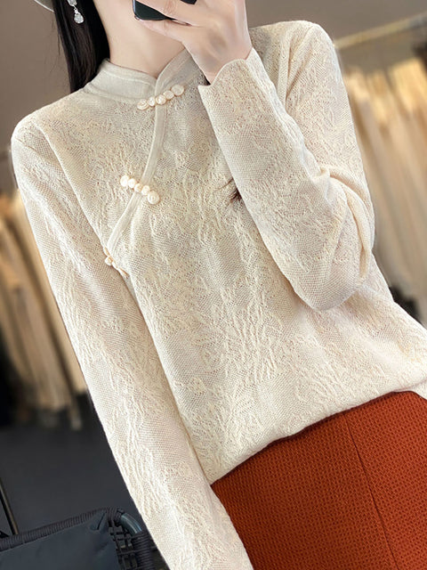 Women Autumn Wool Stand Collar Lace Knit Sweater