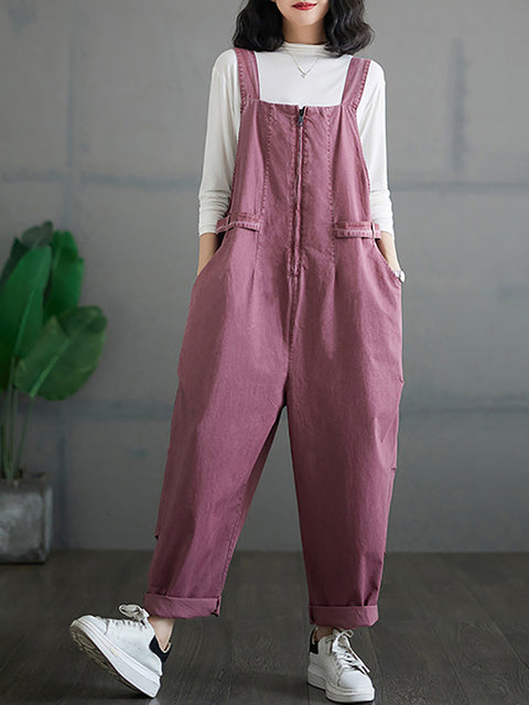 Kvinder efterår Vintage lynlås Casual Løse Solid Jumpsuits