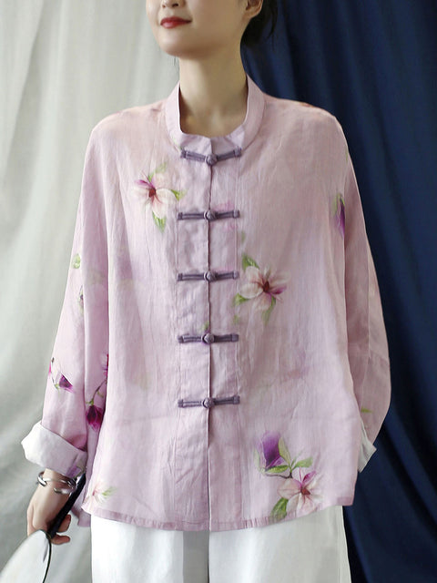 Plus Size Kvinder Vintage Flower Pink Spring Ramie Shirt Coat