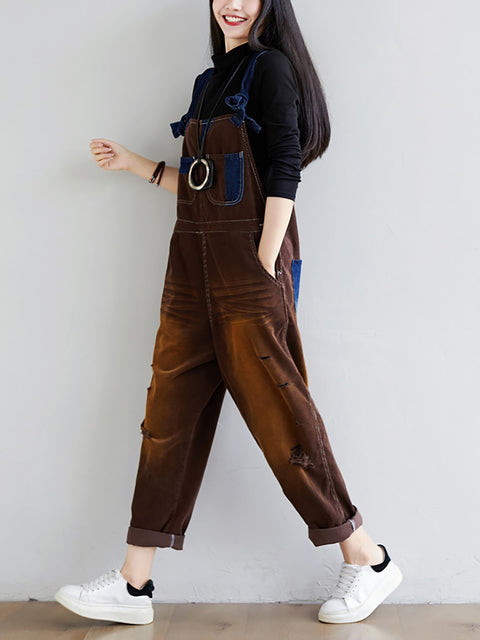 Kvinder Retro Colorblock Autumn Denim Jumpsuits