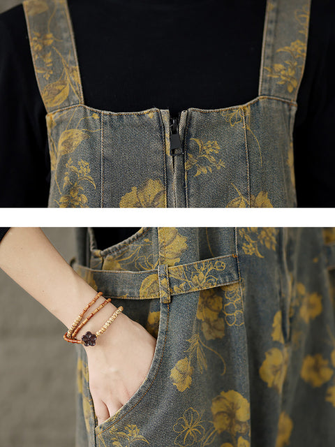 Kvinder Sommer Artsy Flower Print Pocket Loose Denim Jumpsuits