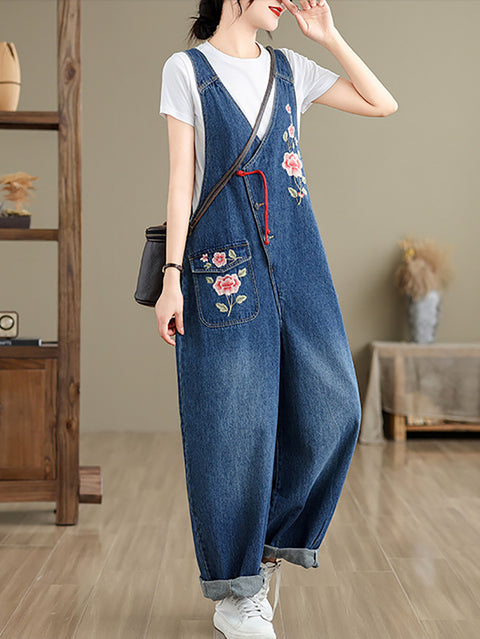 Kvinder Forår Vintage Flower Brodery Denim Jumpsuits