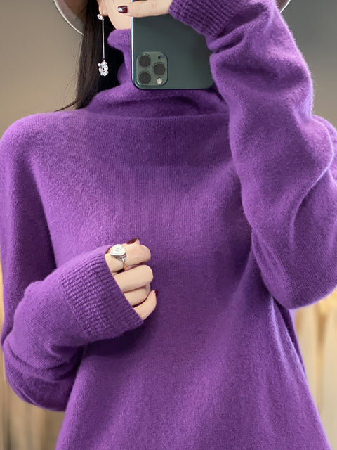 Women Autumn Turtleneck 100%Wool Soft Solid Sweater