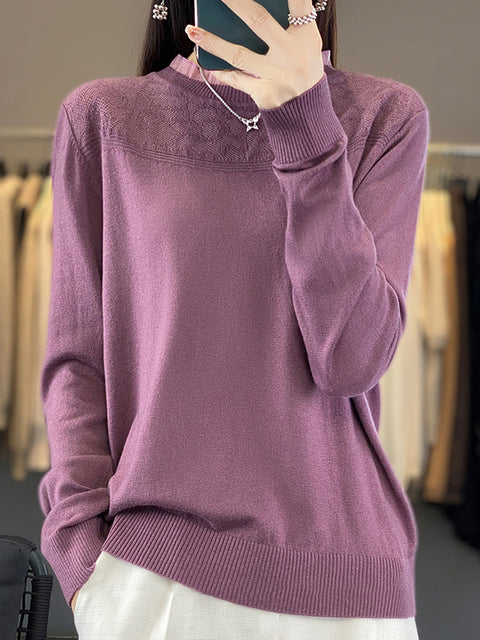 Women Autumn Lacework Neck 100%Wool Loose Sweater