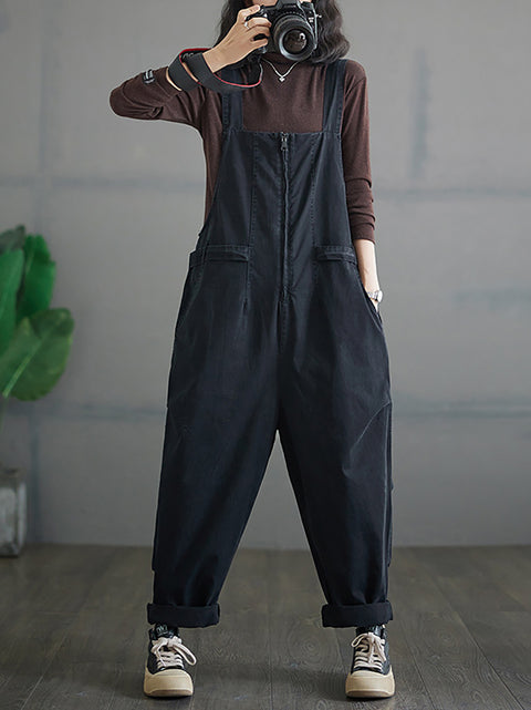 Kvinder efterår Vintage lynlås Casual Løse Solid Jumpsuits