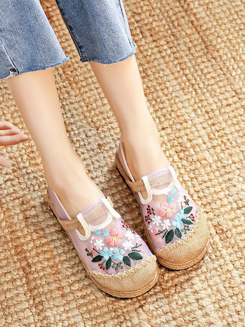 Women Summer Vintage Embroidery Linen Flat Shoes